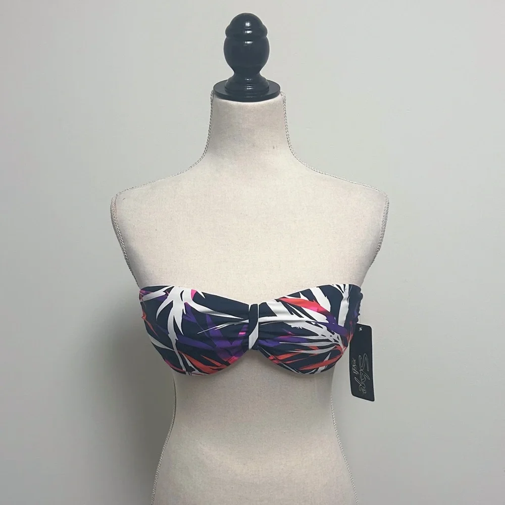 Skye Navy Blue Leaves Removable Strap Back Tie Underwire Bandeau Bikini Top NOS